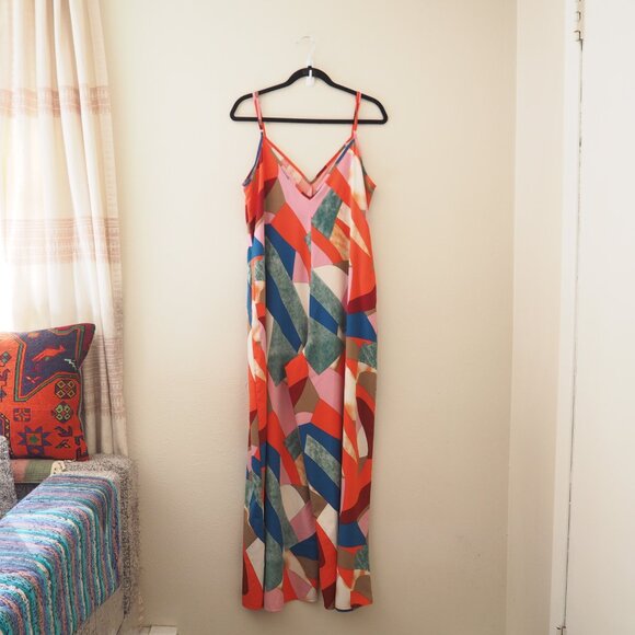 !! Luukse MultiColor Spaghetti Strap Artsy Jumpsuit sz L - Picture 6 of 8